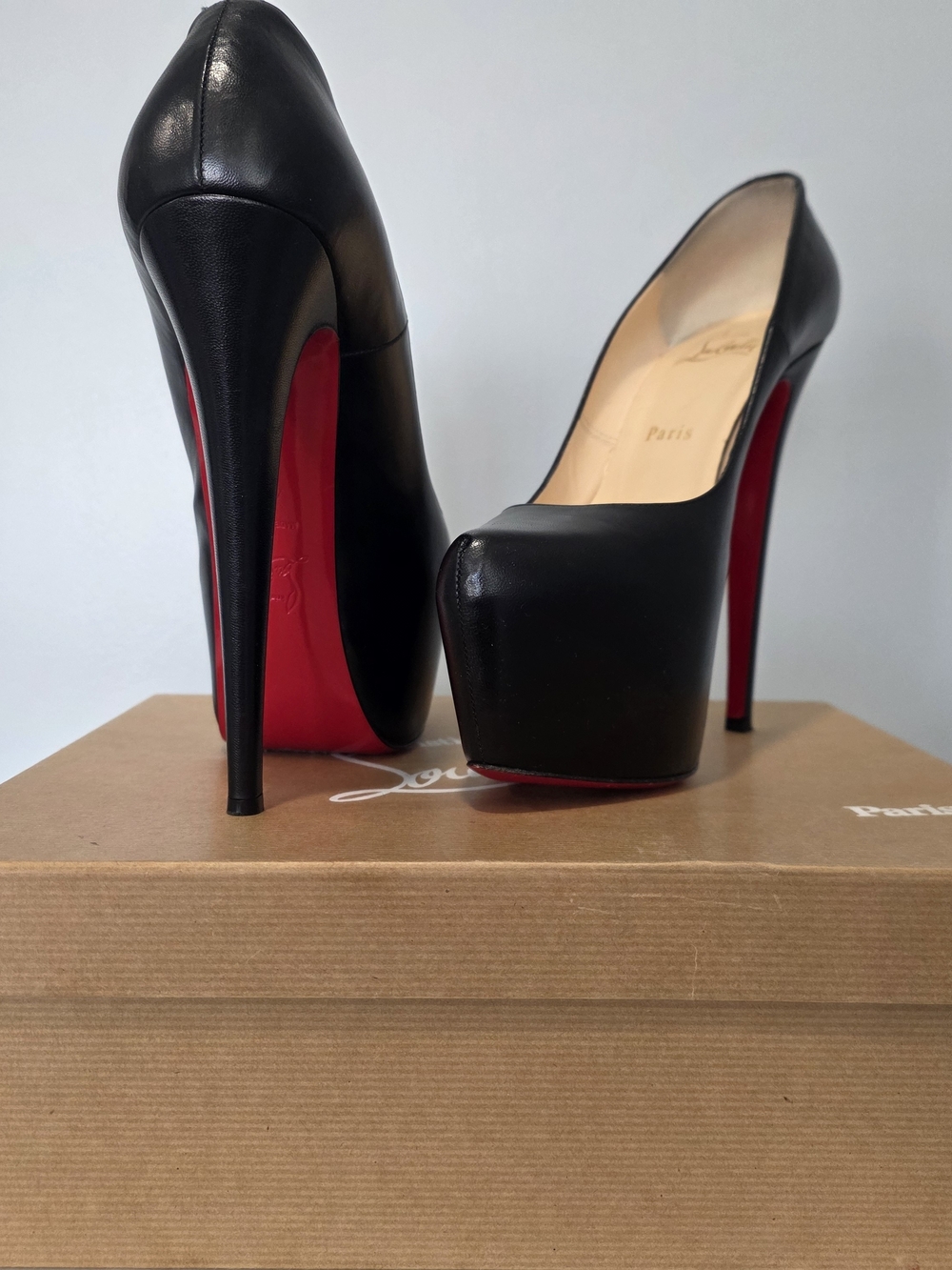 Christian Louboutin Black Leather Platform Stiletto Pumps - Red Sole
